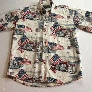 RedHead Shirt Size Medium Button Motorcycle American Flag Route 66 Short Sleeve